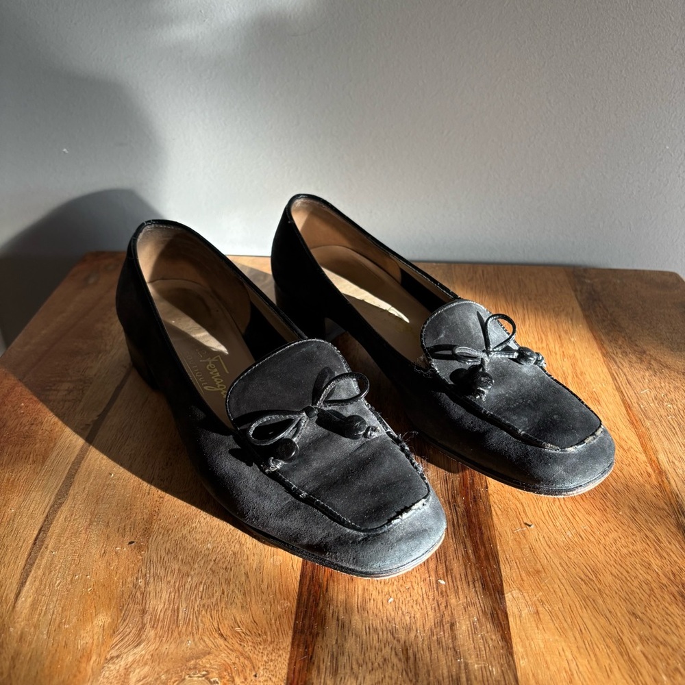 Salvatore Ferragamo Black Velvet Loafers with Bow